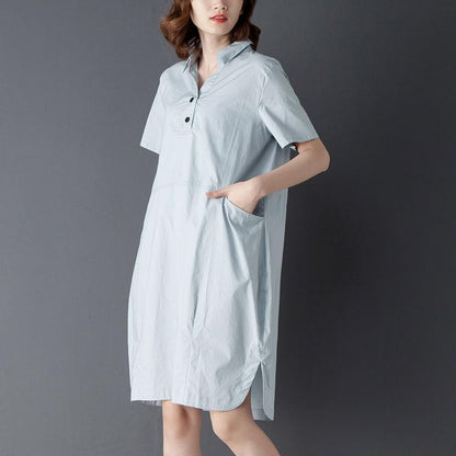 Casual Polo Collar Short Sleeve Knee Length Blue Dress