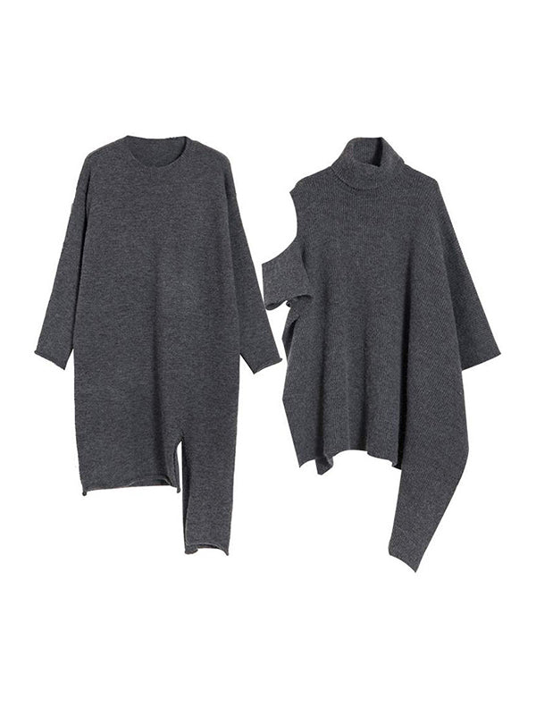Solid Round-Neck Sweater Dresses And Irregularity Batwing Sleeves High-Neck Cape Set