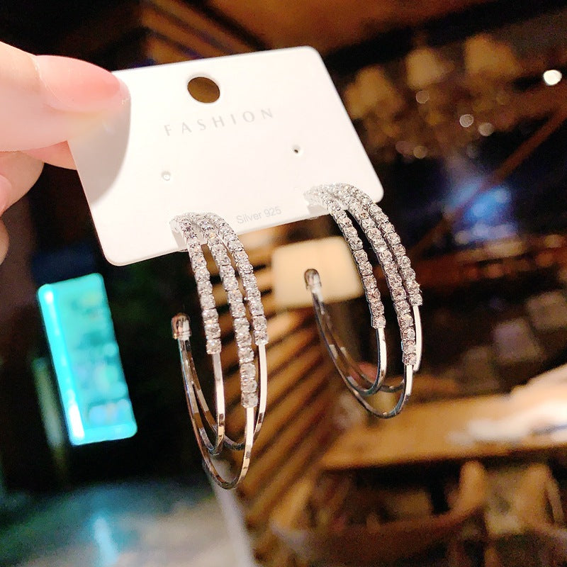 S925 silver needle C-shaped circle diamond zircon earrings