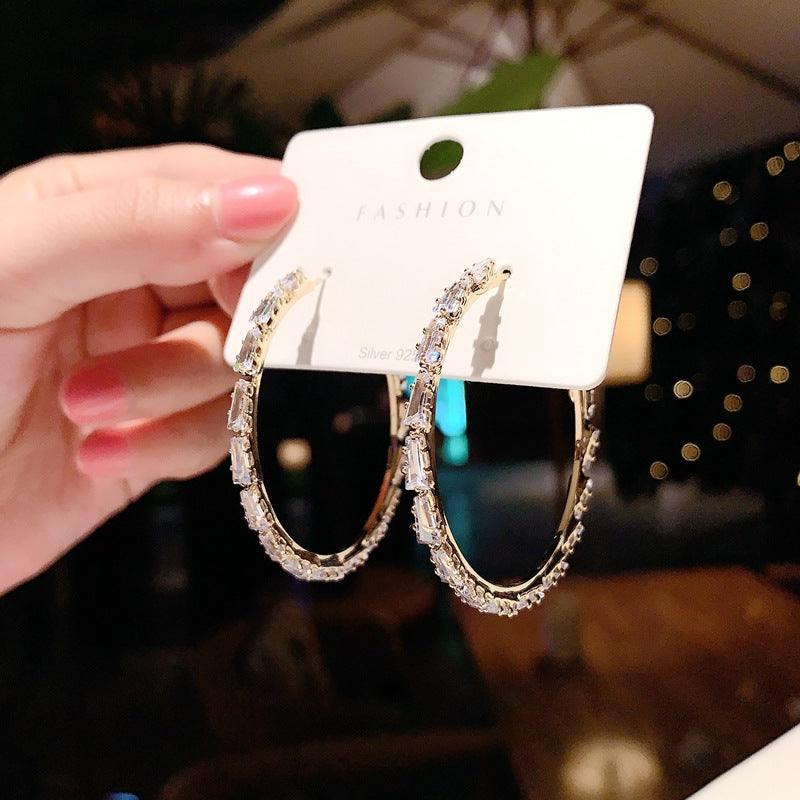 S925 silver needle C-shaped circle diamond zircon earrings