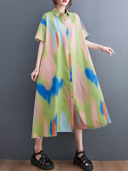 Artistic Retro Contrast Color Printed Midi Dress