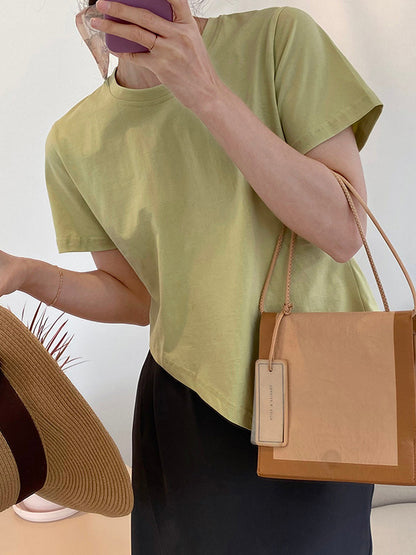 Casual Solid Color Asymmetric Round-Neck Short Sleeves T-Shirt