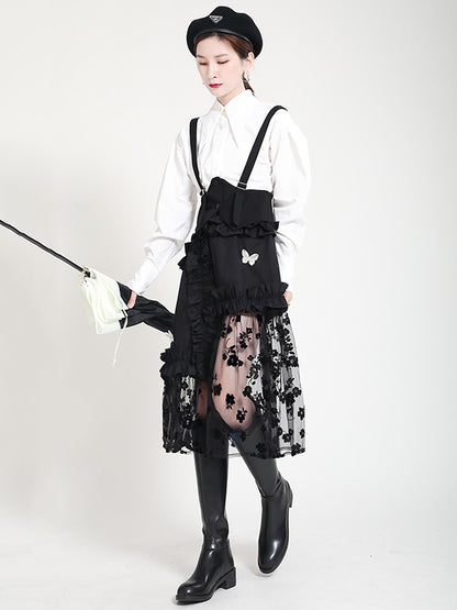 Stylish Mesh Hollow Embroidered Elasticity Split-Joint Strap Skirt