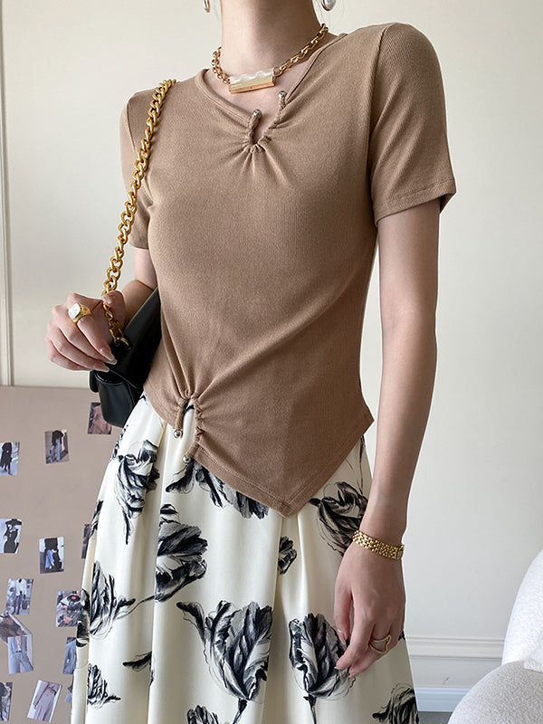 Original Casual Solid Color Pleated Skinny T-Shirt Top