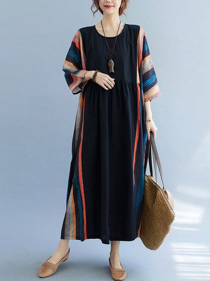 Vintage Split-Joint Round-Neck Loose Batwing Sleeve Midi Dress