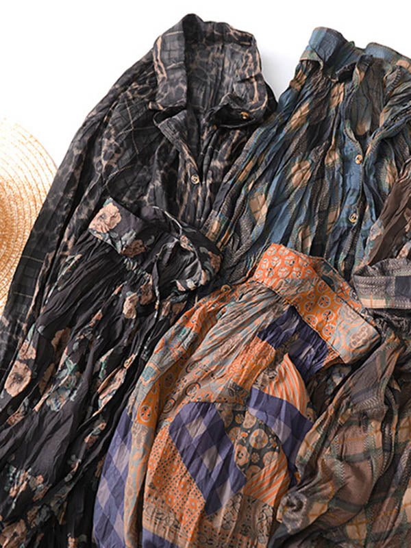 Vintage Printed Buttoned Pleated Lapel Long Sleeves Blouse Tops