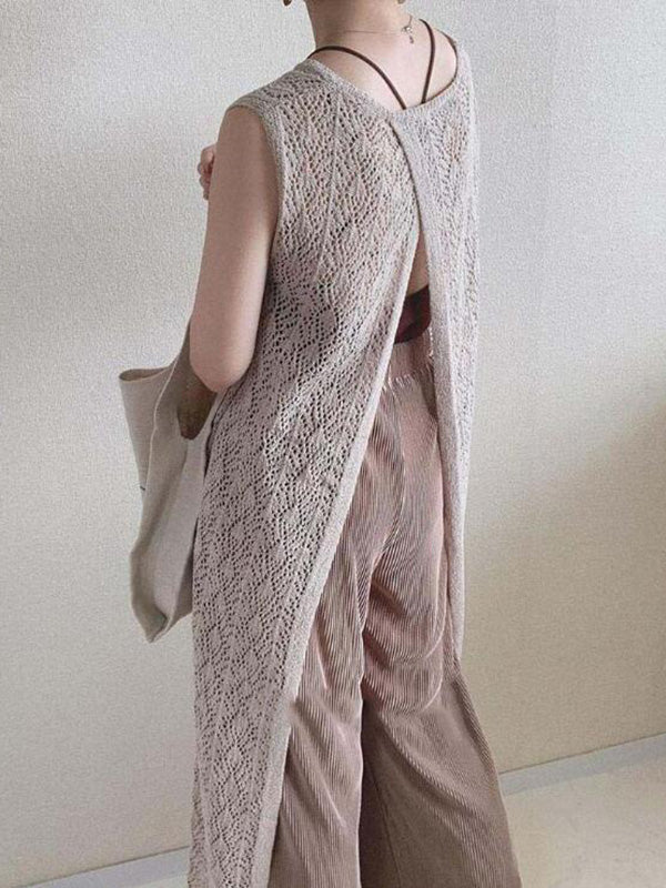 Original Knitting Round-Neck Sleeveless Hollow Split-Back Dress