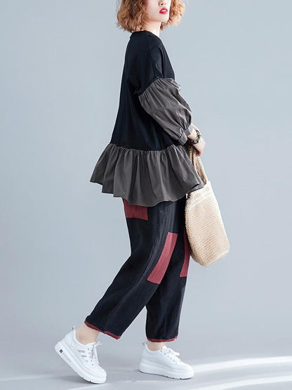 Loose Solid Falbala Split-joint Lantern Sleeve T-Shirt&Pants Suits