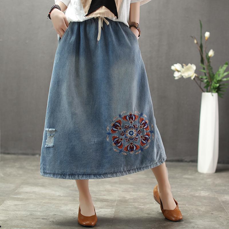 Denim Floral Embroidery A-Line Women Skirt