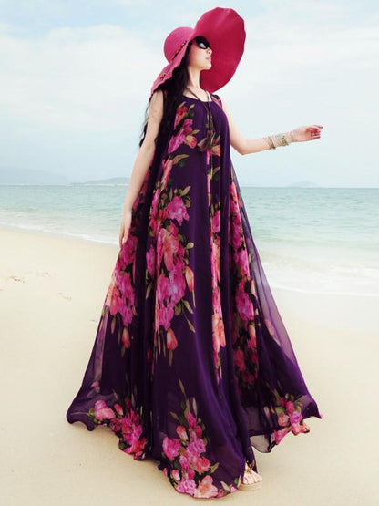 Popular Floral-Print Round Neck SleevelessChiffon Beach Vacation Maxi Dress