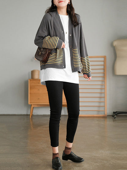 Casual Striped Buttoned V-Neck Batwing Sleeve Outerwear