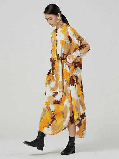 Original Graffiti Contrast Color Tie-Dyed Buttoned Pleated Stand Collar Long Sleeves Maxi Dress