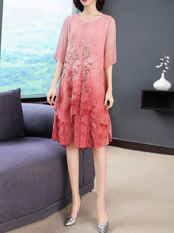 Silk Printed Round-neck Short Dress