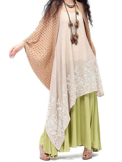 Embroidered Cropped Ramie Cotton Long Dress