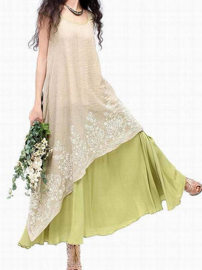 Embroidered Cropped Ramie Cotton Long Dress