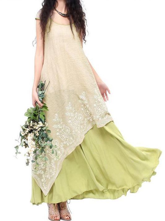 Embroidered Cropped Ramie Cotton Long Dress