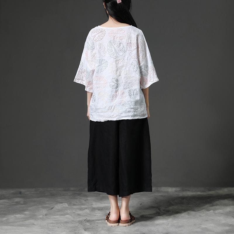 Casual Leaves Short Sleeve Cotton White Shirt