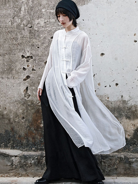 Vintage Chinese-Style Split-Side Solid Color Buttoned Stand Collar Long Sleeves Outwear