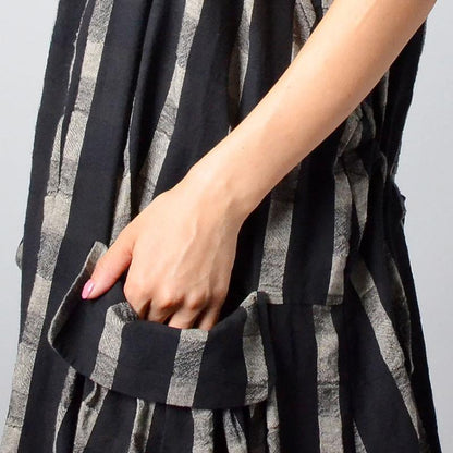 Buykud Retro Stripe Plaid Lacing Loose Black Slip Dress