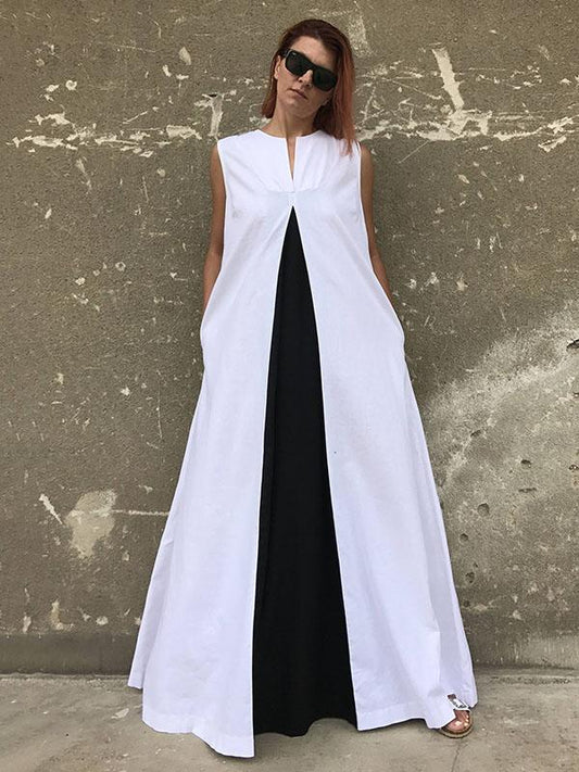 White&Black Split-joint Sleeveless Linen Long Dress