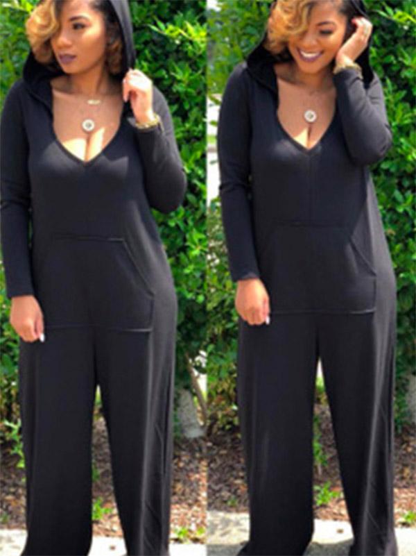 Loose Solid Pocket Hoodie Wide Leg Jumpsuits