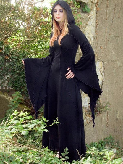 Flared Sleeves Split-joint Hooded Maxi Dress