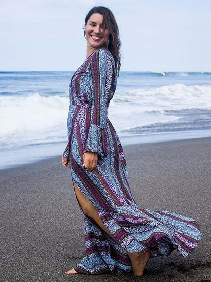 Pretty Chiffon Bohemia Floral Front Split with Tie Long Sleeve Maxi Dress