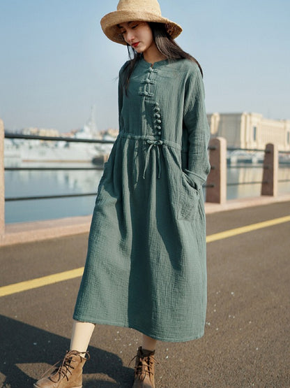 VINTAGE ELASTIC WAIST BUCKLE LACE-UP DRESS