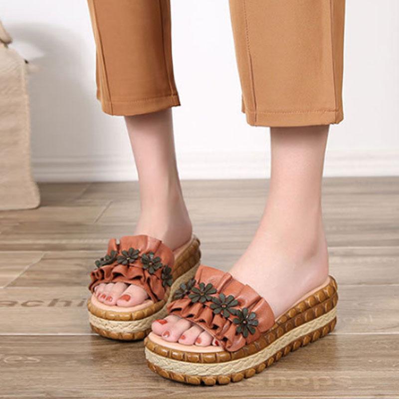Slope Heel Thick Bottom Brown Slippers Women Beach Shoes