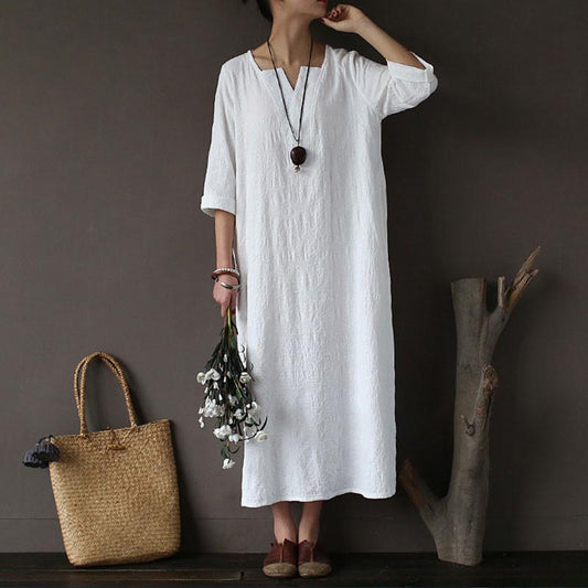 Women Cotton Jacquard Literature Retro Elbow Sleeve White Dress