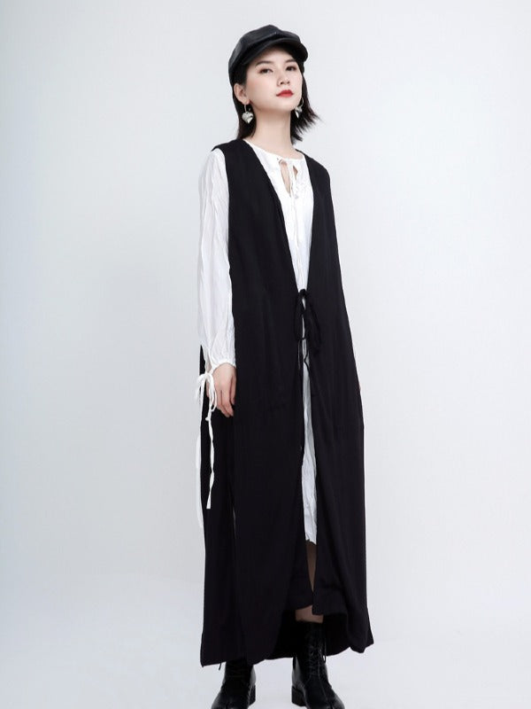 Loose Solid Pleated Lace Up Dress