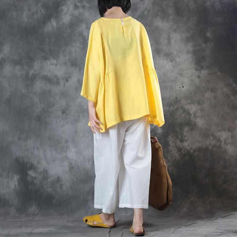 Custom made Folded Women Loose Casual Linen Summer Yellow Shirt