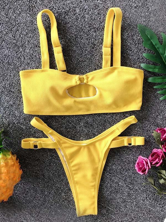Solid Color Hollow Bandage Split Bikini Swimsuit