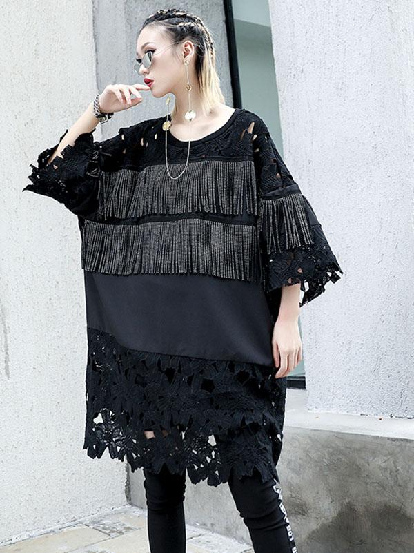 Lace&Tassel Split-joint Long T-shirt