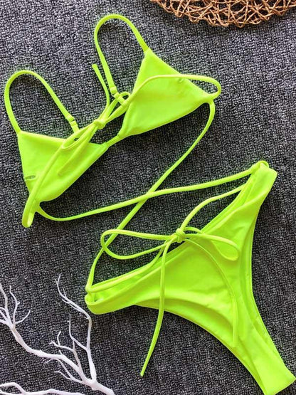 Triangle Top Neon Lace Up Bikini Set