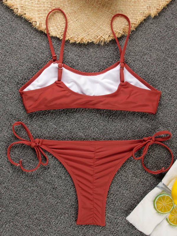 Solid Color Bandage Split Bikini Swimsuit