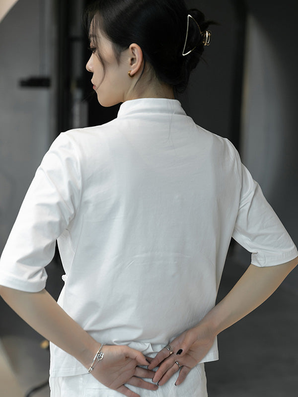 Simple White Stand Collar Half Sleeve Asymmetric T-Shirt