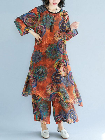 Loose Chiffon Floral Printed Long Shirt+Pants Suits