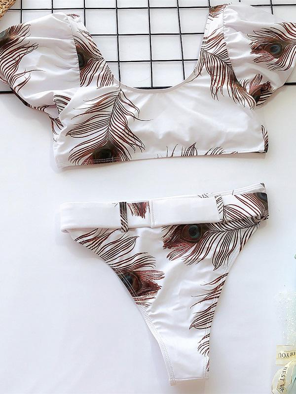 Sexy Knotted Short Sleeves Printing Sash Split Type Bikini Swimsuit