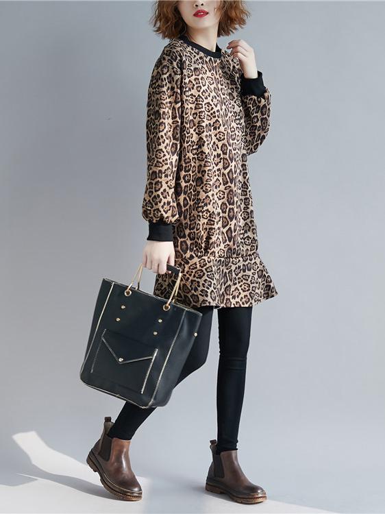 Loose Leopard Falbala Round-neck Short Dress