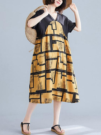 Cotton Linen Printed  V-neck Dress