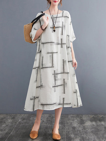 Artistic Retro Loose Striped Printed Contrast Color Midi Dress