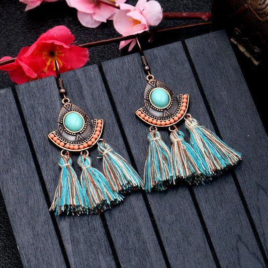 Buykud Bohemian Style Casual Turquoise Tassel Earrings