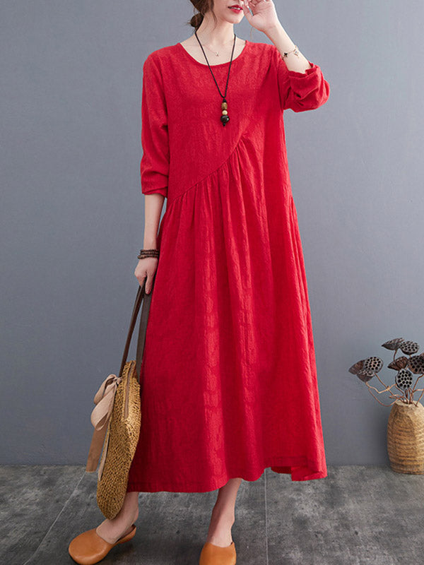 Casual Simple Solid Color Pleated Round-Neck Long Sleeves Midi Dress