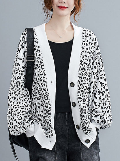 Original Leopard Buttoned V-Neck Long Sleeves Outwear