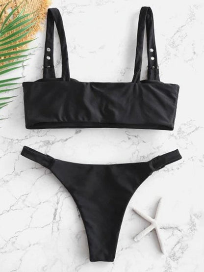 Buckle Plain Bandeau Bikini Swimsuit