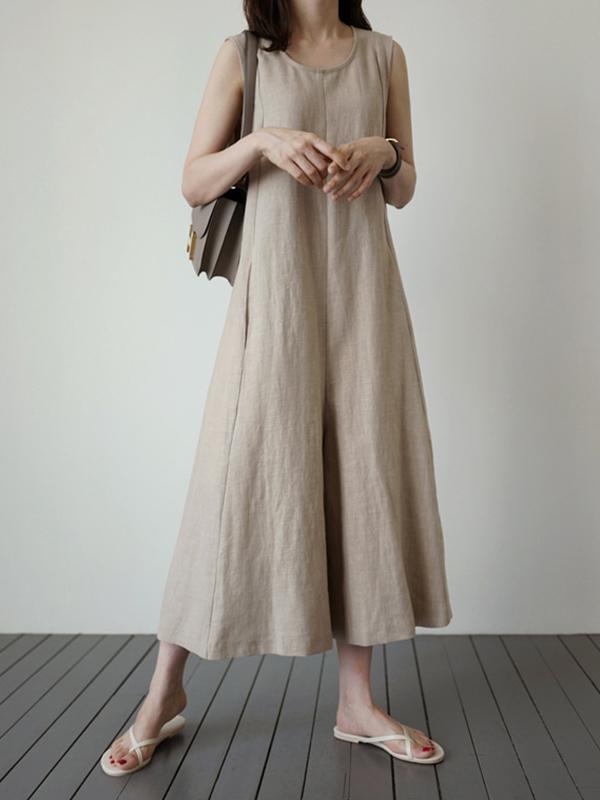 Light Khaki Loose Sleeveless Round-neck Wide Leg Jumpsuits