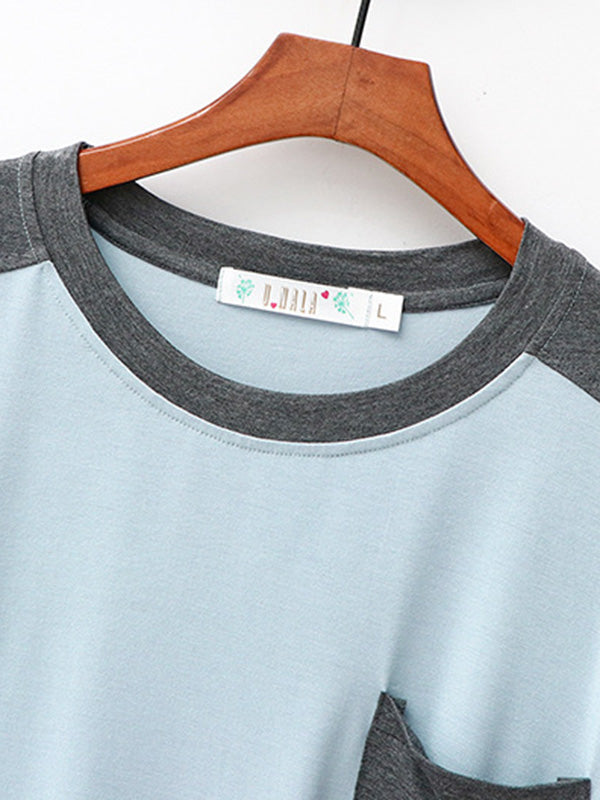 Casual Loose Contrast Color Split-Joint With Pocket Round Neck Short Sleeves T-Shirt&Solid Color Elasticity Shorts&Wide Legs Pants 3 Pieces Pajama Set