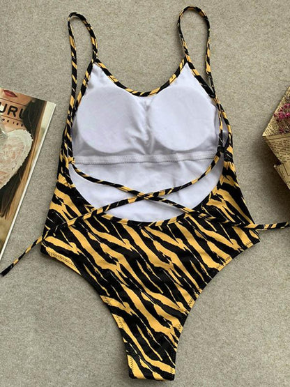 Tiger-Print Bandage One-Piece Swimwear