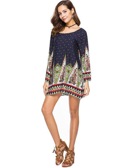 Floral Printed Long Sleeves Kaftan Mini Dress